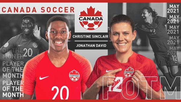 Jonathan David et Christine Sinclair, Joueurs du mois de Canada Soccer ...
