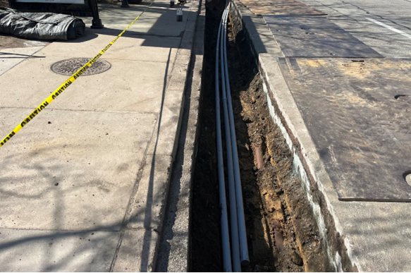 Electrical conduit recently placed on Forbes Avenue at South Bouquet Street Electrical conduit recently placed on Forbes Avenue at South Bouquet Street