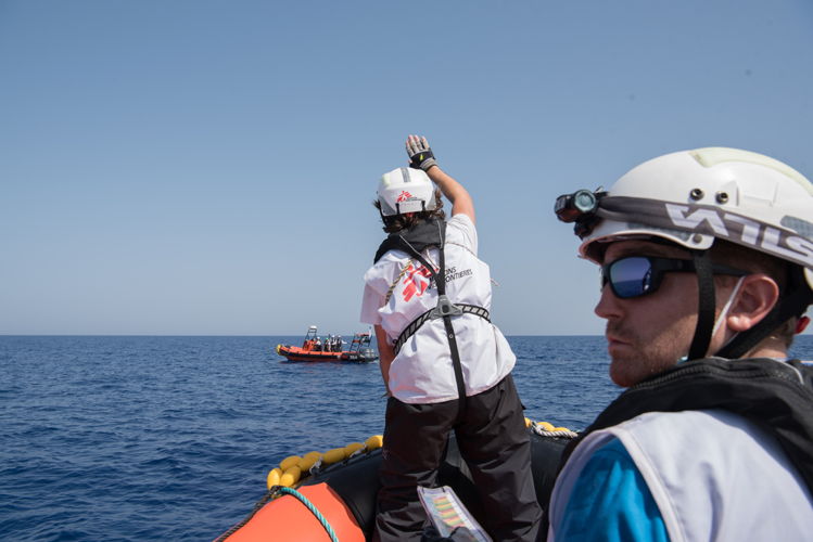 SAR team member Matthijs and Javier train first approach towards vessel in distress. Photographer Michela Rizzotti  Location Med Sea  03072023 (1)
