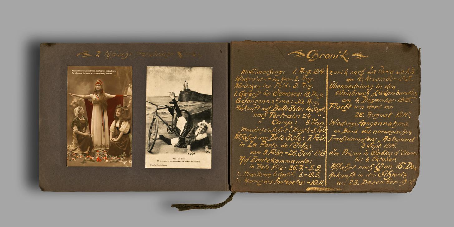 Photo album with handwritten notes by Albert Fröbe, Berlin. "2 Typical French Cards / Chronicle". AKG1780986