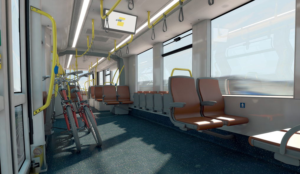 Interieurbeeld van de nieuwe Kusttram, met zetels in recuperatieleder.