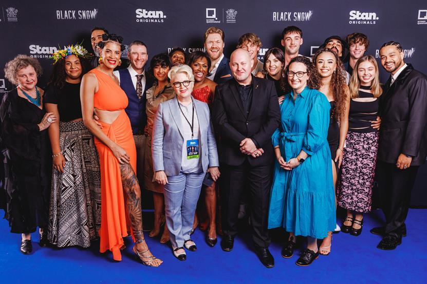 Screen Queensland CEO Courtney Gibson, Hon. Curtis Pitt MP, Stan Chief Content Officer Cailah Scobie and Head of Stan Originals Amanda Duthie with the cast of the Stan Original Series Black Snow.