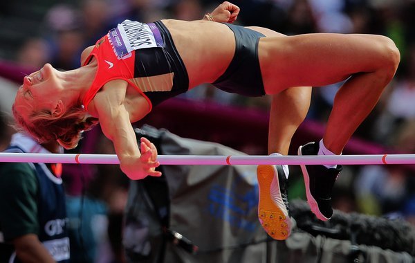 Lilli Schwarzkopf competes in the High Jump of the Heptathlon event in the Olympic Stadium