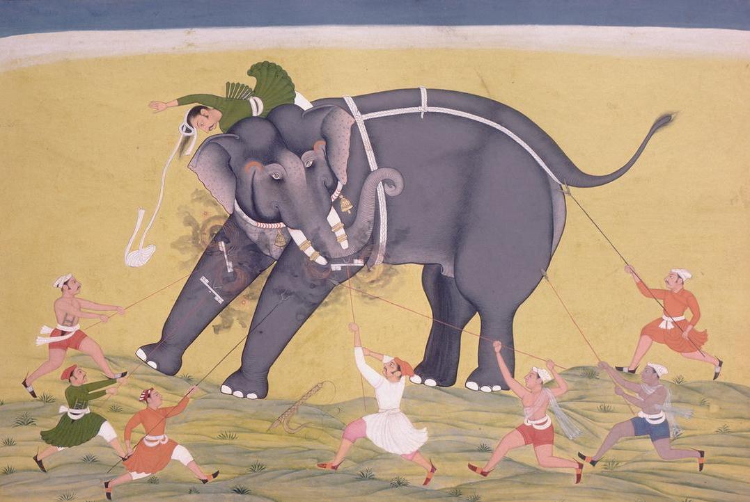 Capturing an elephant gone wild, 18th century, India. AKG1418460