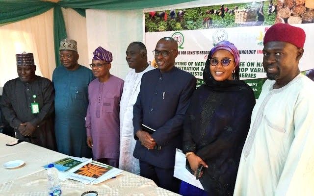 Dr Ignatius Angarawai (fourth from right) with the millet team at the variety release meeting.
