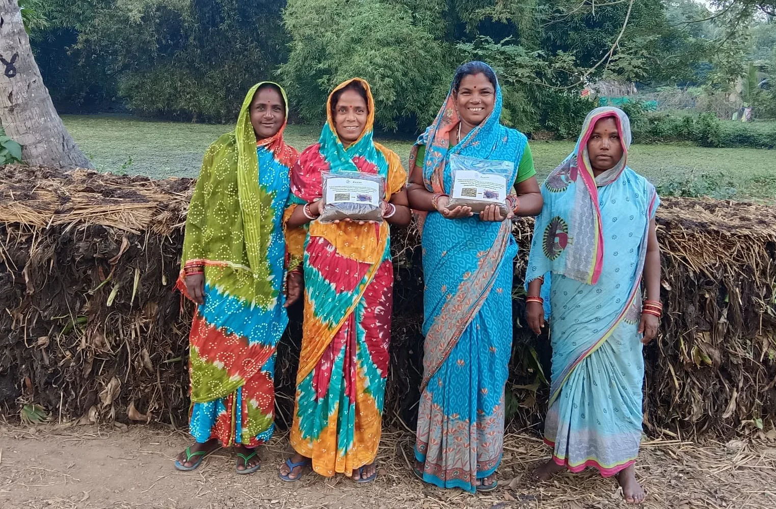 SHG women entrepreneurs market the compost prepared from water hyacinth biomass.