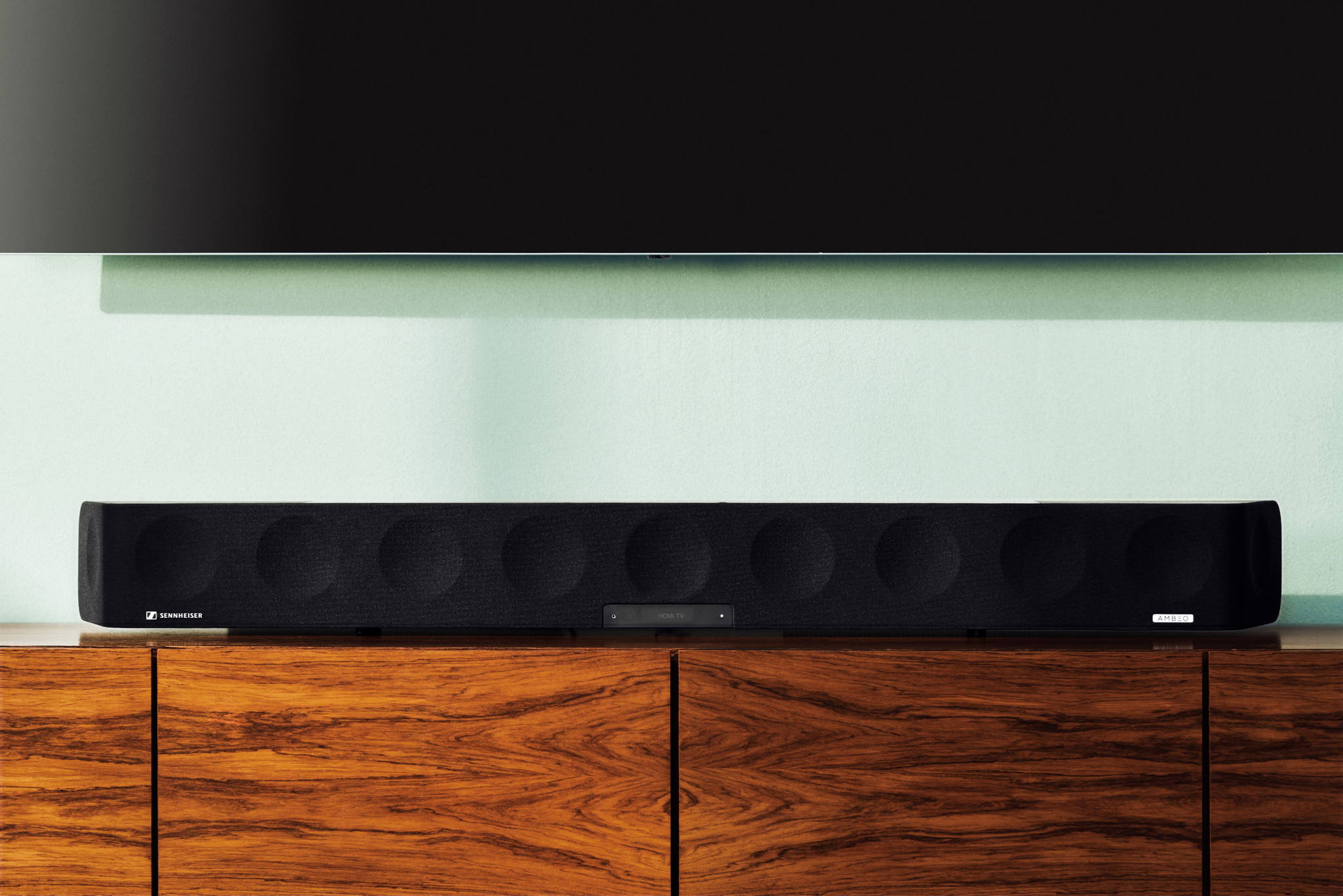 The AMBEO Soundbar delivers an immersive 3D sound experience from a single all-in-one device. The AMBEO Soundbar delivers an immersive 3D sound experience from a single all-in-one device.