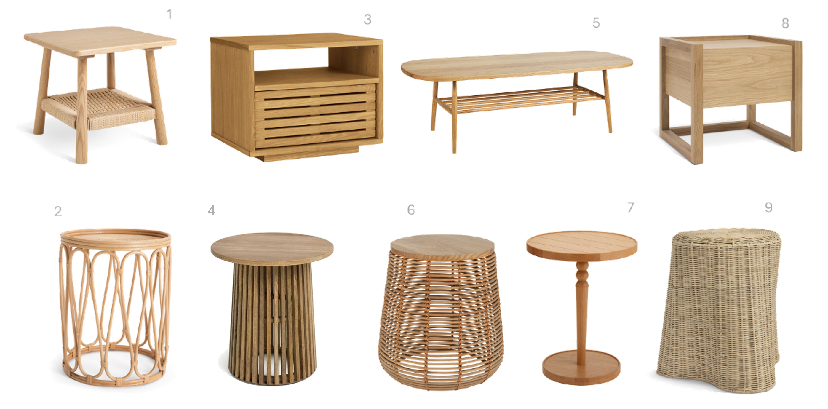 1.Habitat x Morris & Co. Canterbury Oak Side Table, £95, 2.Habitat Pasadena Side Table - Natural, £65, 3.Habitat Max Oak Bedside Table - Oak, £160, 4.Habitat Jericho Side Table - Natural, £120, 5.Habitat Cornelia Coffee Table - Oak, £250, 6.Habitat Hazel Side Table - Natural, £80, 7.Habitat Barnwell Side Table - Natural, £90, 8.Habitat 60 Hana Bedside - Oak, £140, 9.Habitat Kaya Side Table - Natural, £65