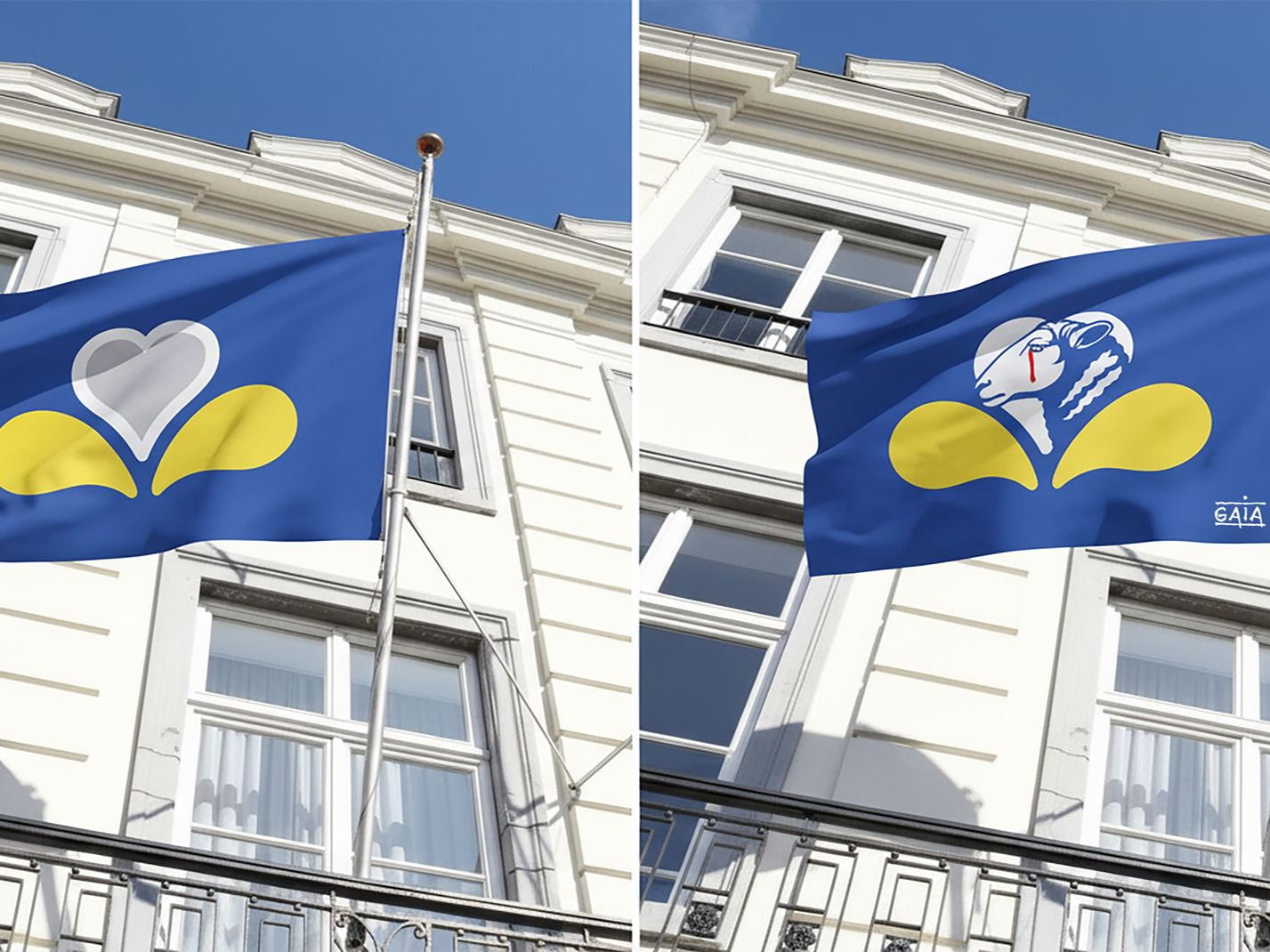 "Capitale de la honte" : GAIA et Happiness détournent le drapeau bruxellois pour l'interdiction de l’abattage sans étourdissement