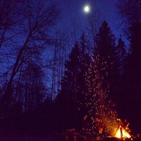 A bonfire and moon in the meadow.