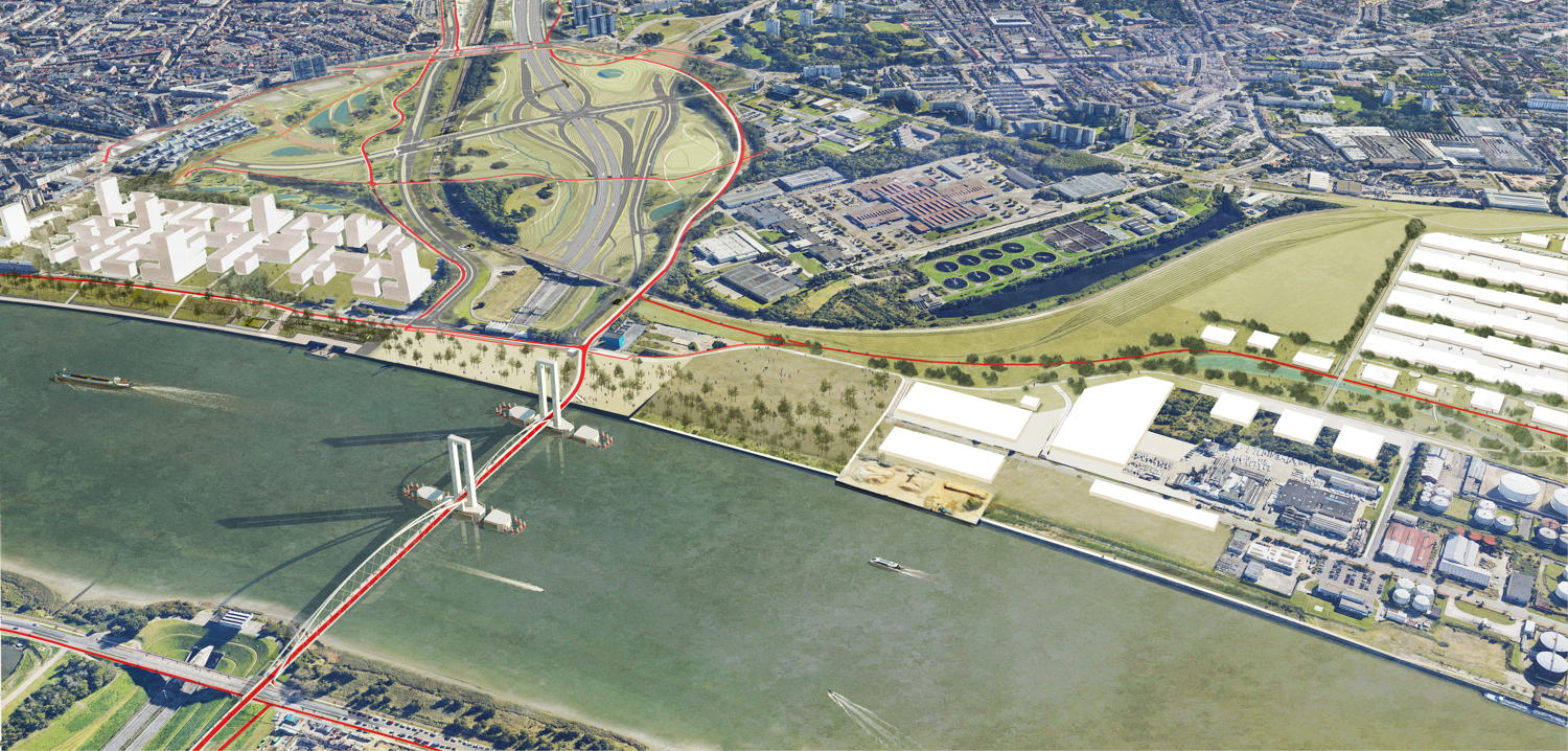 Mogelijk toekomstbeeld van de fietsers-en voetgangersbrug over de Schelde. ©Omgeving & SBE