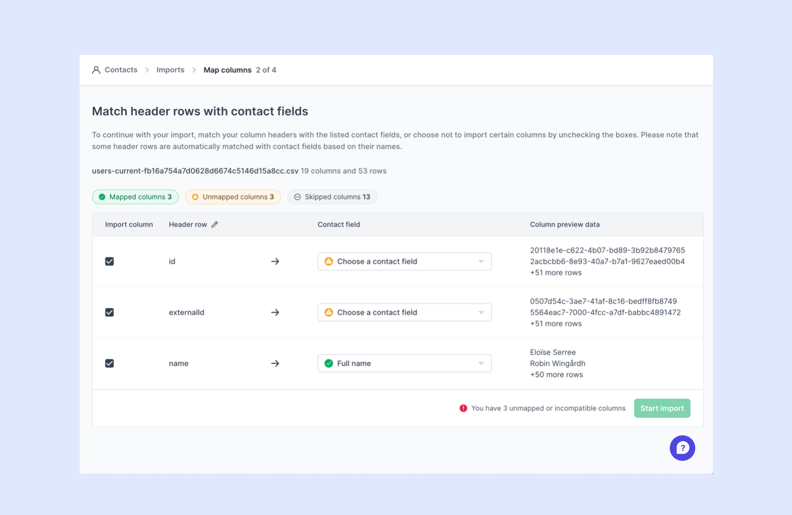 The redesigned column mapping step with better labelling.