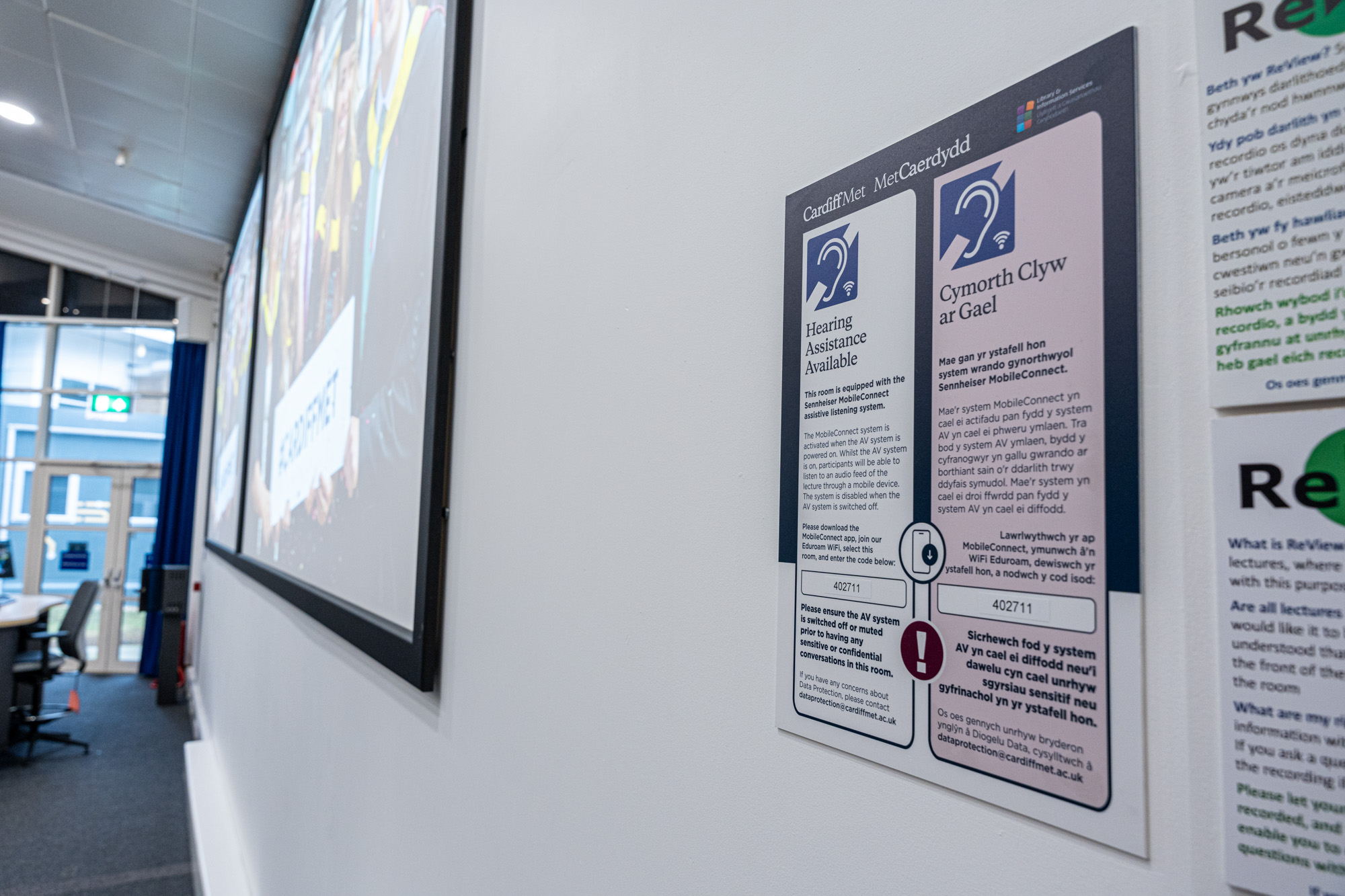 Cardiff Met implemented a unique approach to MobileConnect deployment, utilising static pin codes displayed in each room for students to access the audio stream on the app Cardiff Met implemented a unique approach to MobileConnect deployment, utilising static pin codes displayed in each room for students to access the audio stream on the app