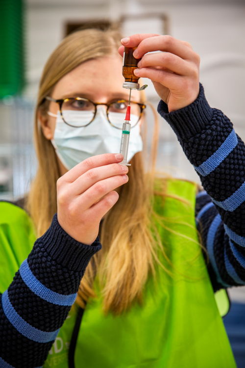Een farmaceutisch assistent bereidt een placebospuit voor op de dry run van het vaccinatiedorp aan Spoor Oost.