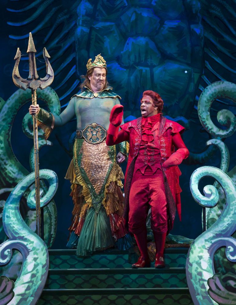 Fred Inkley as King Triton and Melvin Abston as Sebastian.  Photo by Bruce Bennett, courtesy of Theatre Under The Stars