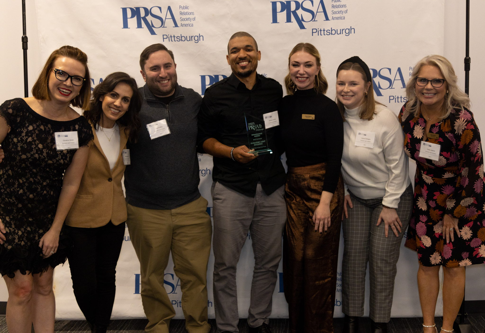 Members of Duquesne Light Company's corporate communications team accepted the "Best in Show" award during the 2023 PRSA Pittsburgh Renaissance Awards held a Carnegie Science Center on Jan. 26. Pictured from left: Christine Waller, Ashley Macik, Nick Ruffolo, Samson Horne, Kristen Wishon, Alyssa Battaglia and Hollie Geitner. Members of Duquesne Light Company's corporate communications team accepted the "Best in Show" award during the 2023 PRSA Pittsburgh Renaissance Awards held a Carnegie Science Center on Jan. 26. Pictured from left: Christine Waller, Ashley Macik, Nick Ruffolo, Samson Horne, Kristen Wishon, Alyssa Battaglia and Hollie Geitner.