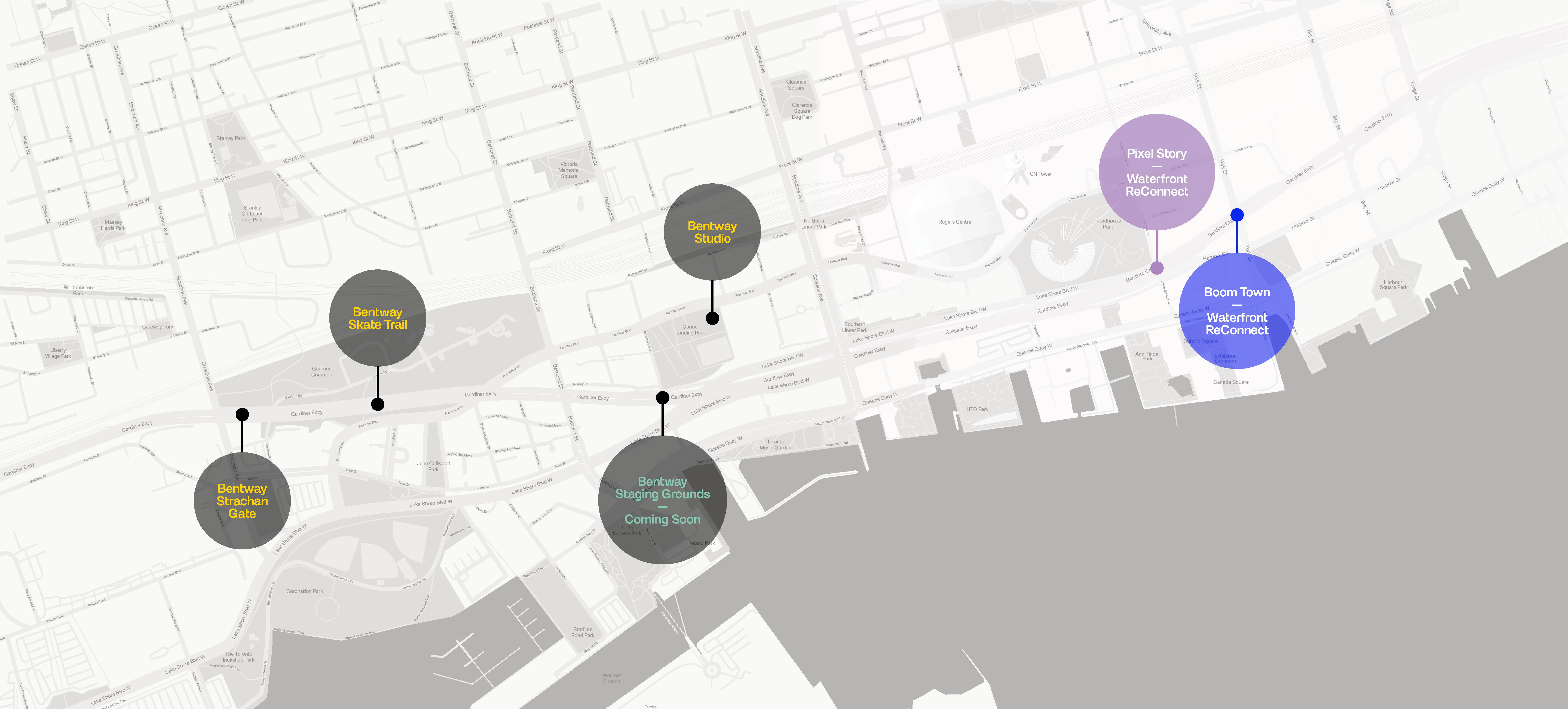 Bentway Staging Grounds, noted in context of other Bentway sites and projects, including Waterfront ReConnect.