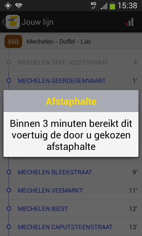 De Lijn - app halteaankondiging
De app meldt dat het nog 3 minuten is tot de afstaphalte