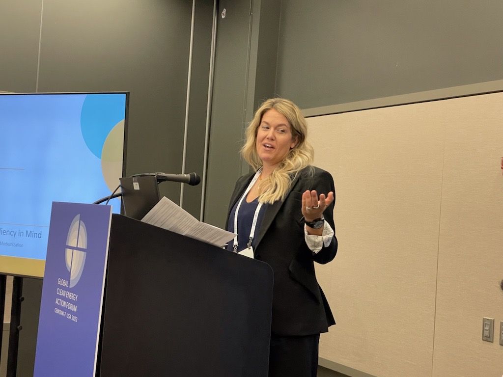 Dr. Elizabeth "Liz" Cook, general manager of advanced grid solutions at Duquesne Light Company, speaks during the Global Clean Energy Action Forum in Pittsburgh, PA on September 22, 2022.