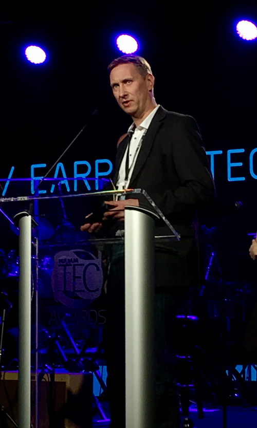 Sennheiser’s Jürgen Kockmann, Manager Product Management, accepting the Outstanding Technical Achievement awards on behalf of the company. Sennheiser’s Jürgen Kockmann, Manager Product Management, accepting the Outstanding Technical Achievement awards on behalf of the company.