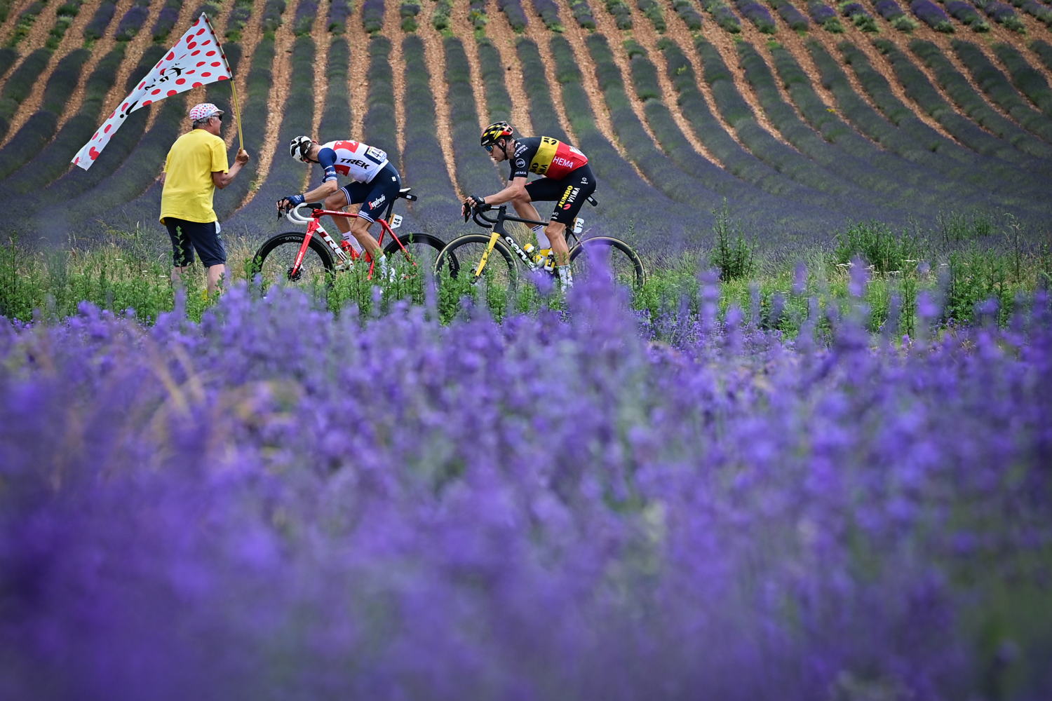 Dutch Bauke Mollema of Trek-Segafredo and Belgian Wout Van Aert of Team Jumbo-Visma pictured in action during stage 11 of the 108th edition of the Tour de France cycling race, 190,7 km from Albertville to Valence, France, Wedneday 07 July 2021 (© BelgaImage-David Stockman) 