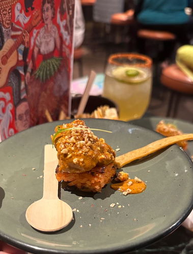 Pipián Rojo con Pollo y crujiente de arroz