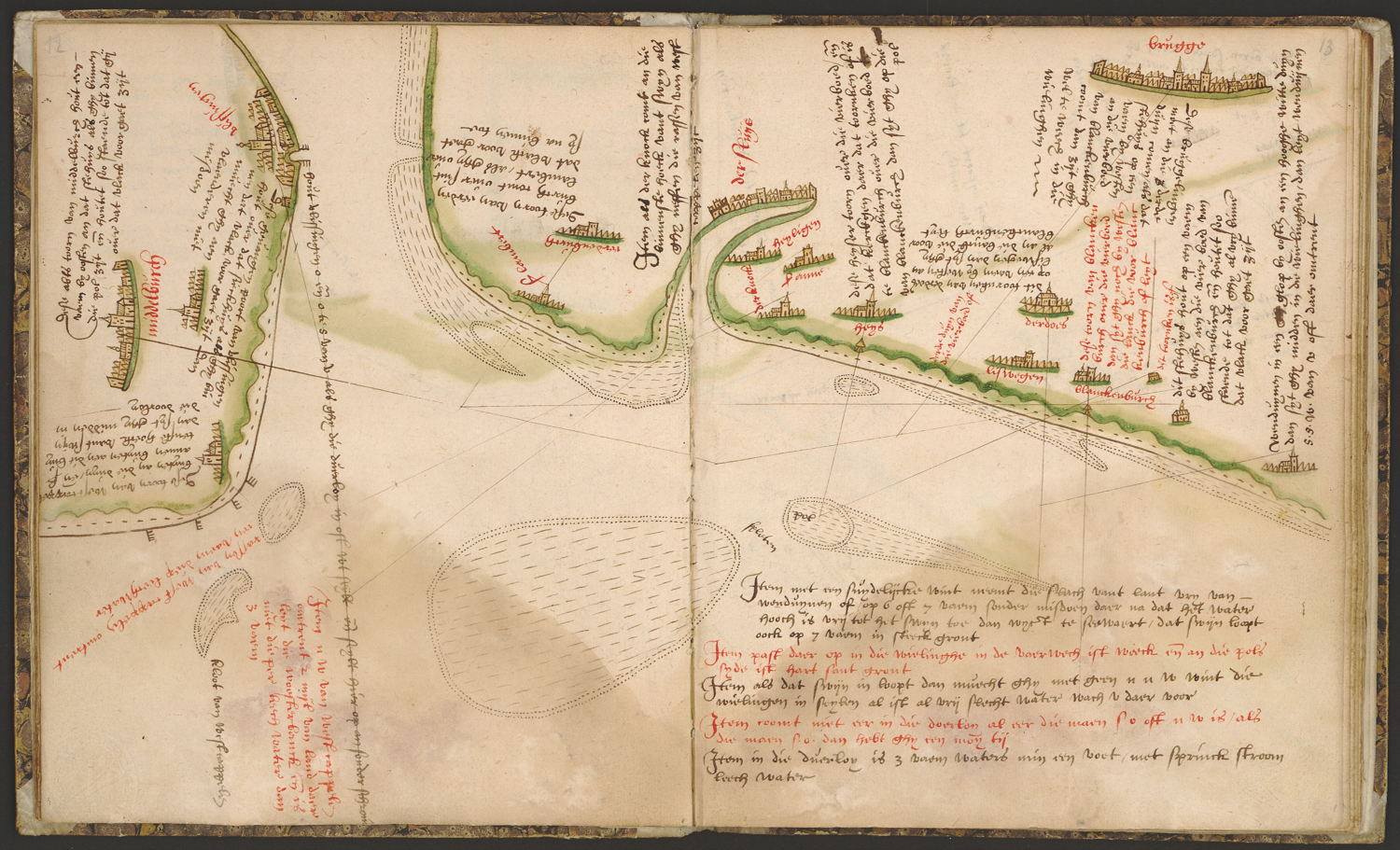 Pagina uit het Zeeboek - Uit de collectie van de Erfgoedbibliotheek Hendrik Conscience. Blader door het volledige Zeeboek op https://dams.antwerpen.be/asset/z1siiuYeKMQAiDrcaepN4Snu#id