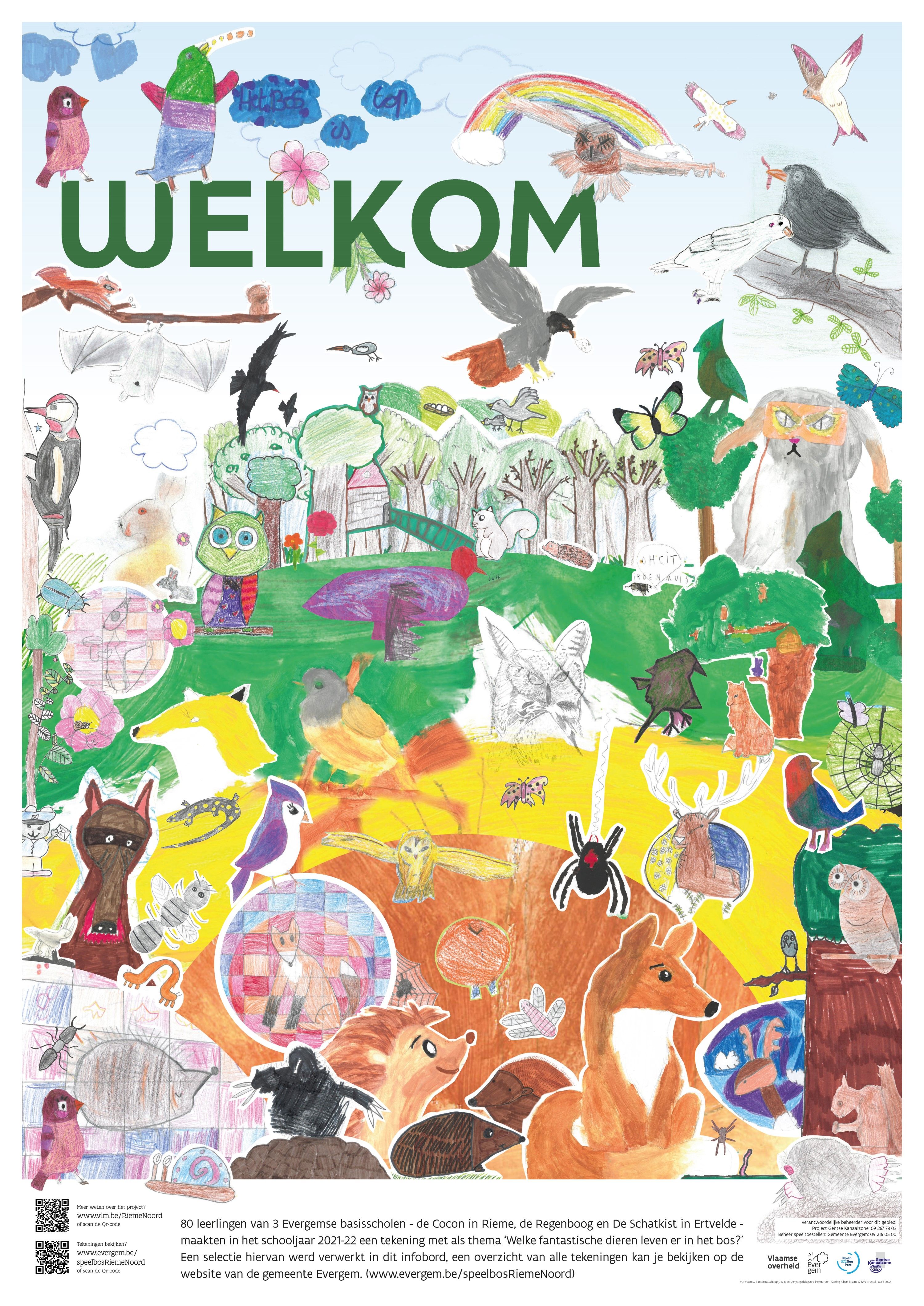 Een kleurrijk infobord met tekeningen van Evergemse schoolkinderen siert de onthaalzone van het speelbos