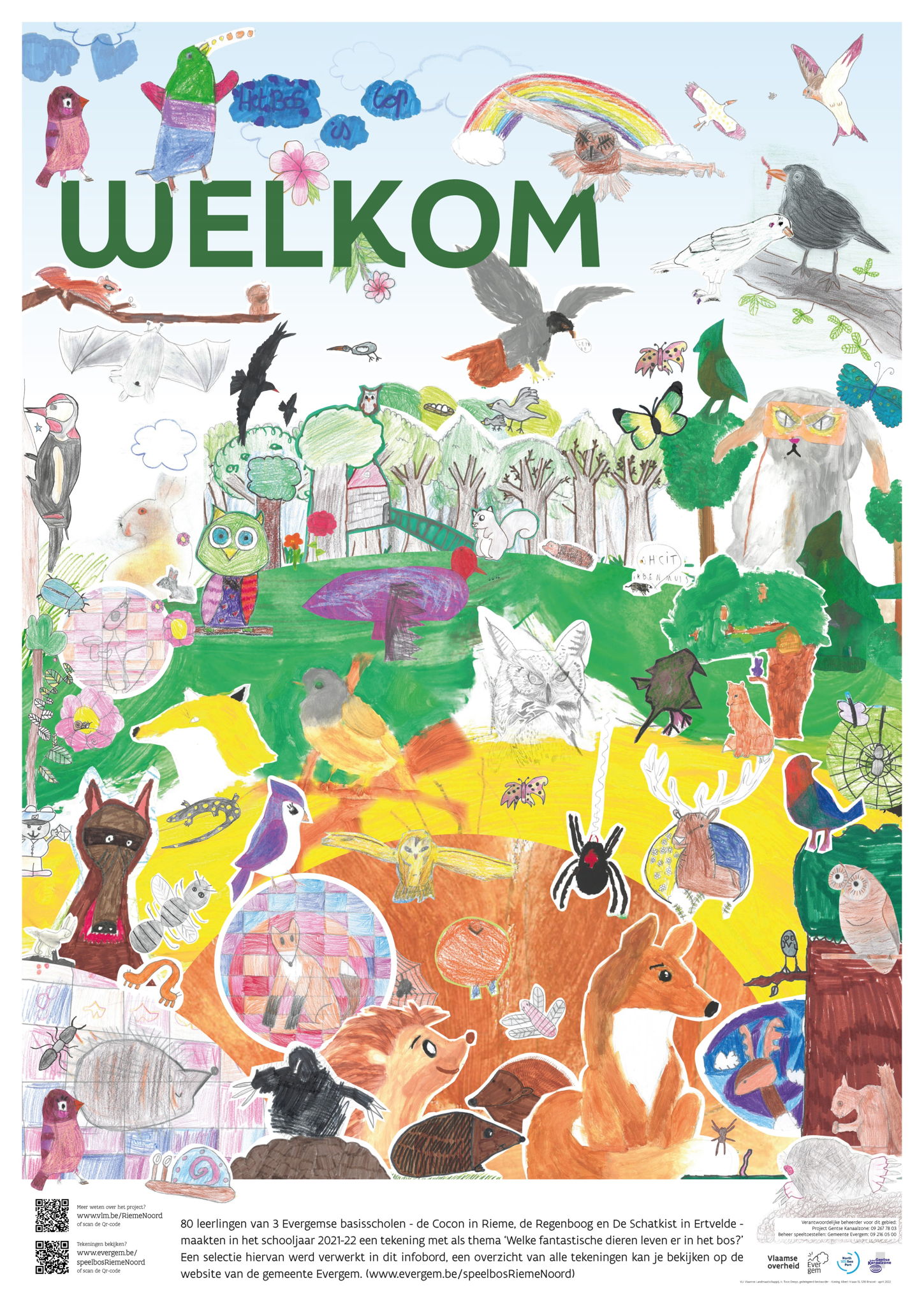 Een kleurrijk infobord met tekeningen van Evergemse schoolkinderen siert de onthaalzone van het speelbos