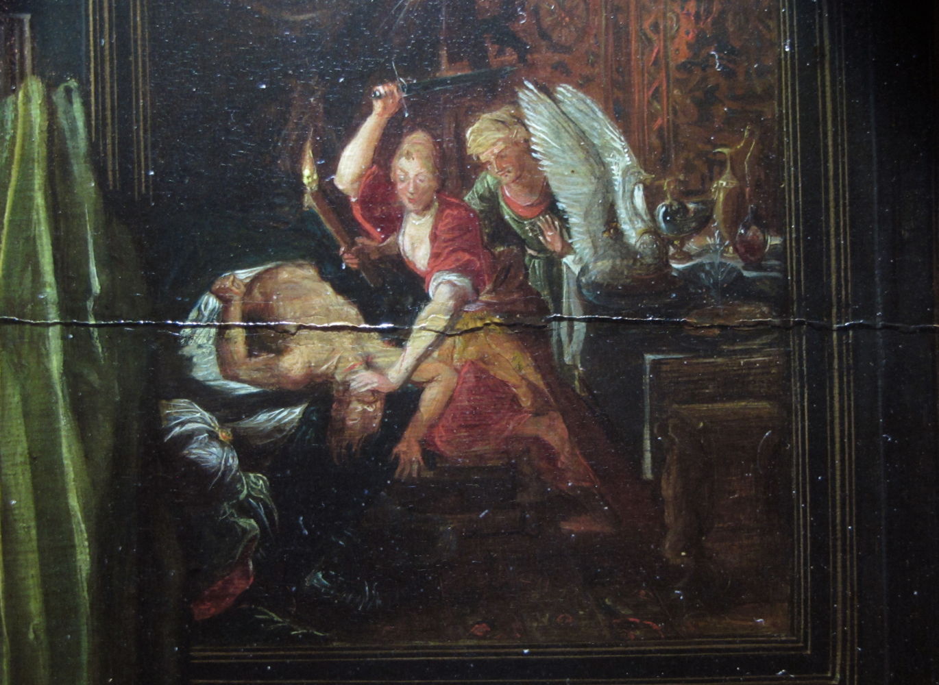 Detail verfopstuwing voor restauratie Willem van Haecht, De kunstkamer van Cornelis van der Geest, 1628, collectie Rubenshuis, foto Aline Genbrugge Detail verfopstuwing voor restauratie Willem van Haecht, De kunstkamer van Cornelis van der Geest, 1628, collectie Rubenshuis, foto Aline Genbrugge