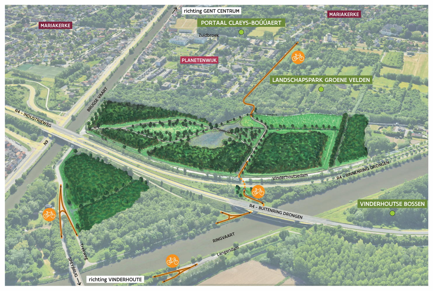 Situeringsplan Groenpool Vinderhoutse bossen – zone Groene Velden Noord (© Vlaamse Landmaatschappij)