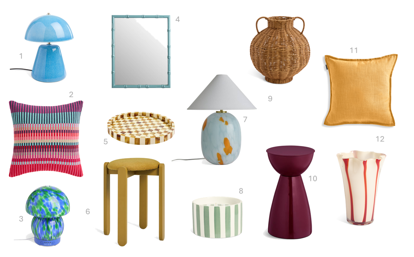 1.Habitat Hayden Ceramic Base & Shade Blue, £45, 2.Habitat x Margo Selby Buster Rep Weave Cushion - Red CW, £26, 3.Habitat 100ml Confetti Glass Lamp Style Electric Diffuser, £35, 4.Habitat Bamboo Effect Blue Wooden Wall Mirror - 52x42cm, £20, 5.Habitat Checkered Resin Brown & White Round Trinket Tray, £16.00, 6.Habitat Sami Stacking Stool – Mustard, £30, 7.Habitat Rae Confetti Glass Table Lamp - Blue & White, £50, 8.Habitat Green Stripe Bergamot & Ginger Ceramic Large Candle, £8, 9.Habitat Rattan Vase, £20, 10. Habitat Mel Side Table - Dark Red, £42, 11.Habitat Linen Look Cushion 50x50, Mustard, £12, 12.Habitat Milk Glass Handkerchief Red Stripe, £20