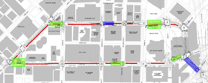 Map of current work areas in downtown Pittsburgh