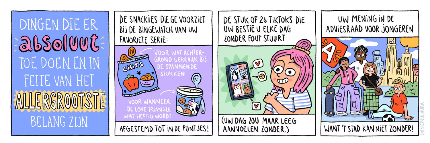 Cartoon over de adviesraad van Niet nu Laura, die de stad ter promotie gebruikt.