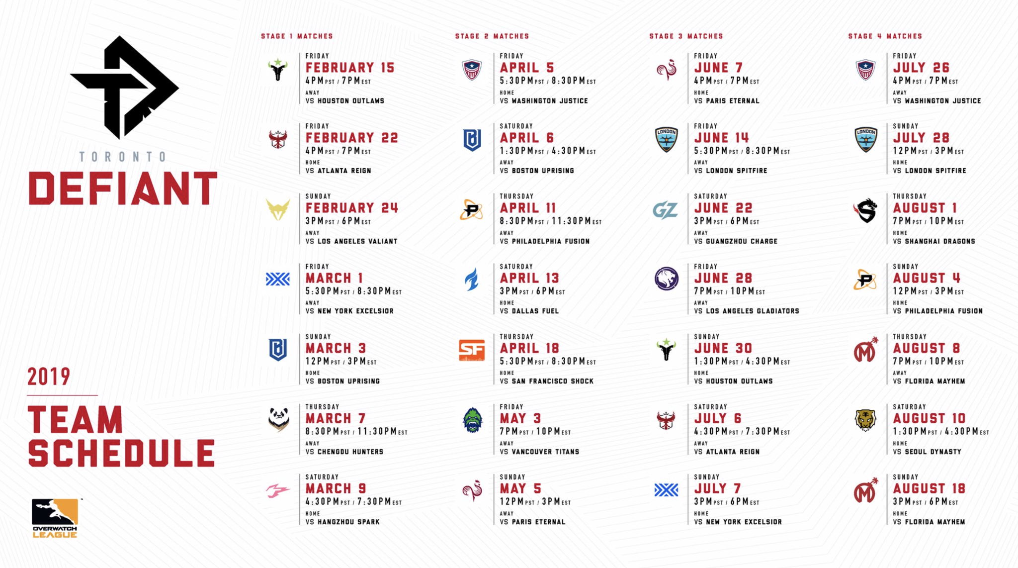 Defiant's 2019 Overwatch League schedule Defiant's 2019 Overwatch League schedule