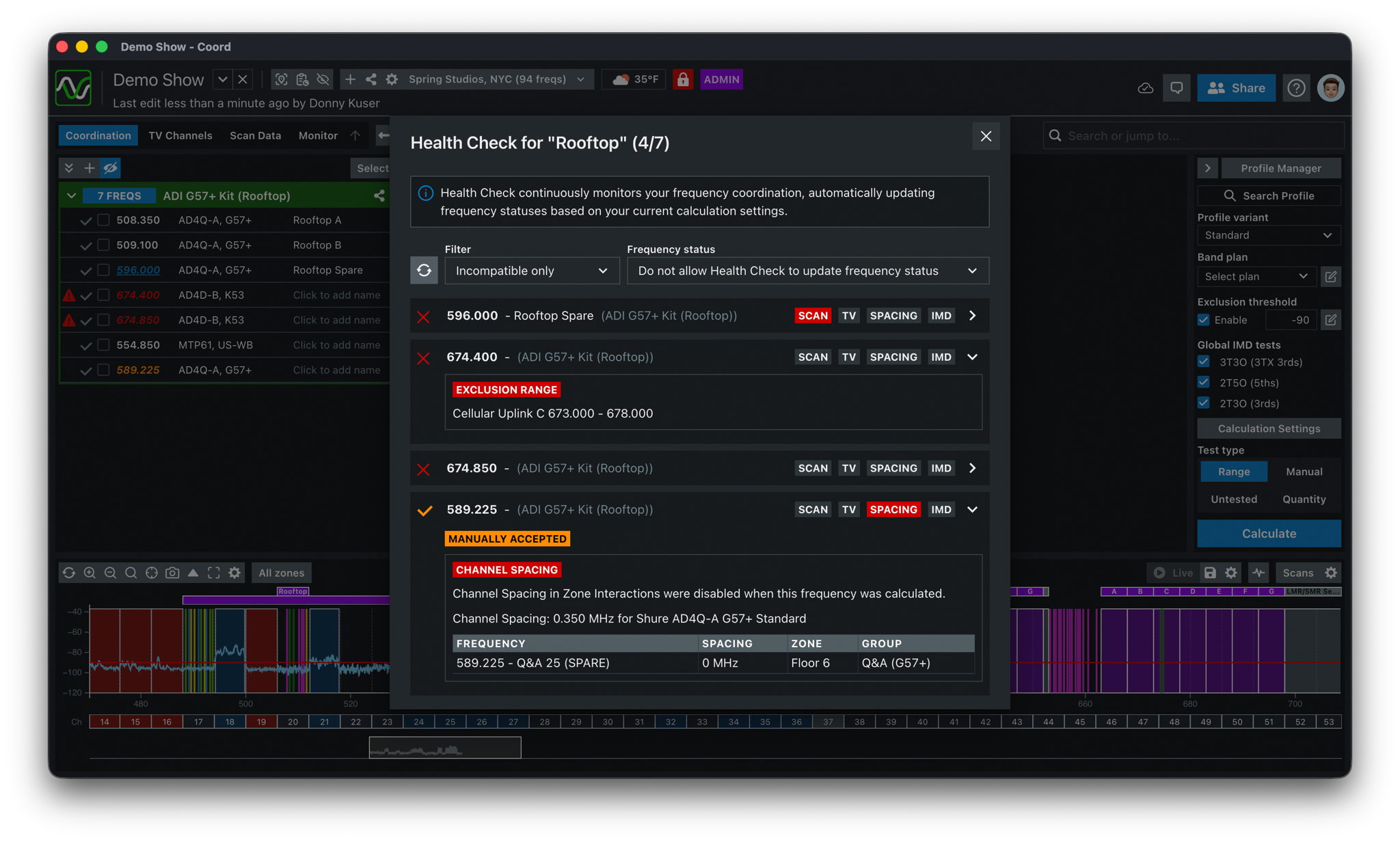 The Health Check of the SoundBase app helps engineers see if their frequency planning is still accurate as a live event progresses