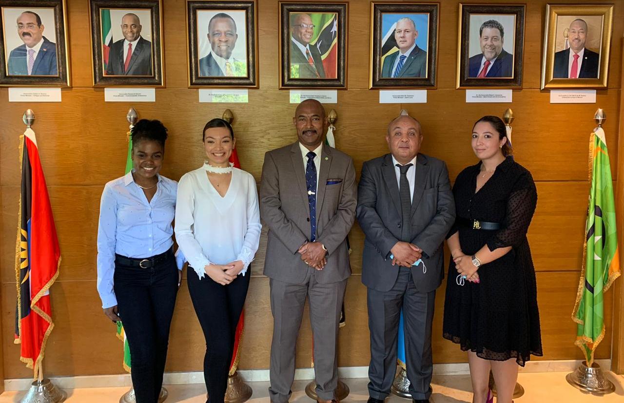 Left to right: Camille Andrew and Leeryk De Lima of the Organisation of Eastern Caribbean Students in Morocco (OECSM), Ambassador His Excellency CoP (Ret’d) Ian M. Queeley; Ambassador and Head of Mission of the Embassies of Eastern Caribbean States to the Kingdom of Morocco, Mr. Abdelhak Benraiss and Ms. Fedwa Irzi representing the Moroccan Agency for International Cooperation.