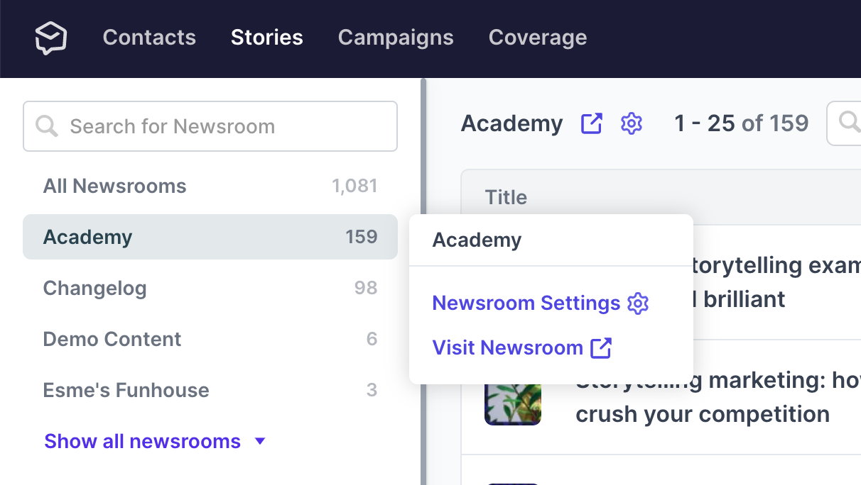 New popover panel for Stories grid Newsroom filter