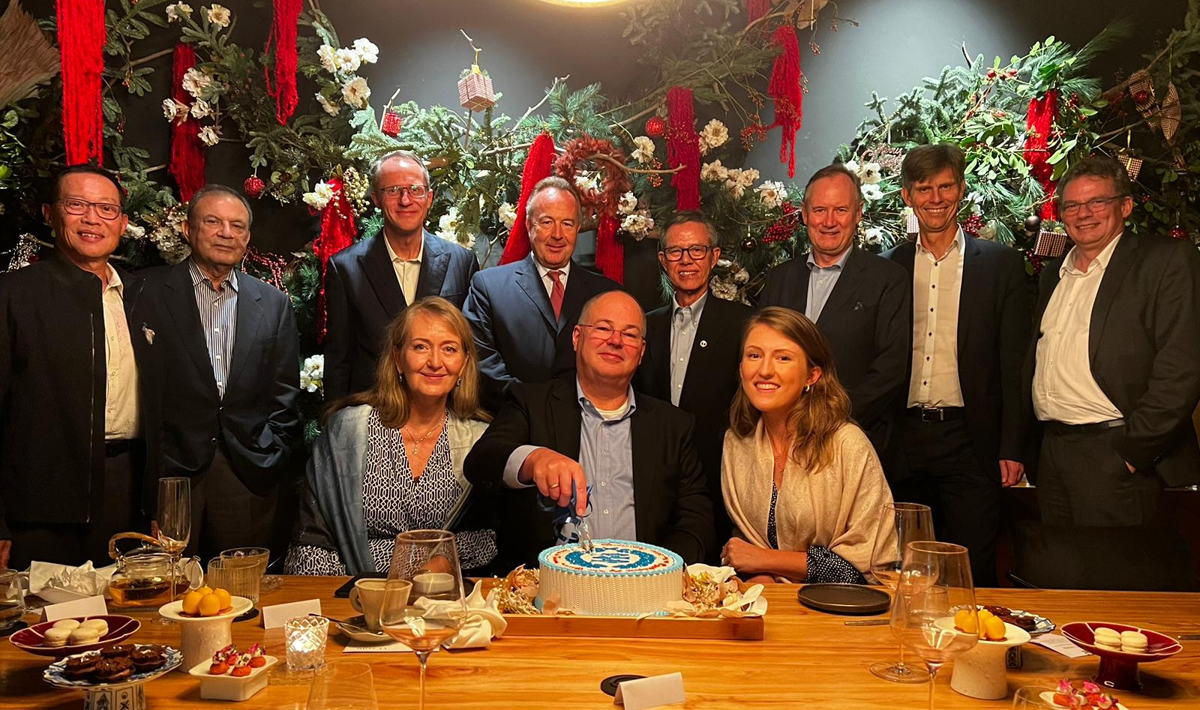 From left to right (standing): Alex Chan, Board Director, Manoj Beri, Former Group Managing Director, Heinrich Jessen, Chairman, Hans-Michael Jebsen, Chairman of Jebsen Group, Wong Kwai Wah, Former Group Director - Human Resources, Fritz von der Schulenburg, CEO of Jebsen & Jessen Hamburg Group, Per Magnusson, Group CEO, Viktor Leendertz, Group CFO.  From left to right (seated): Tine Jessen, wife of J. Peter Jessen, J. Peter Jessen, Nina Jessen, daughter of J. Peter Jessen and Corporate Communications Consultant for the Group.