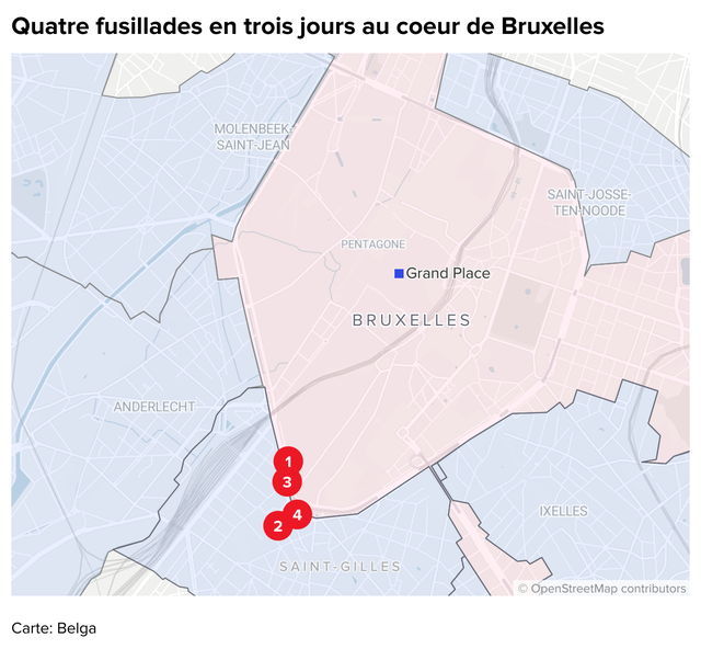 Four shootings have taken place in less than three days in and around the Brussels municipality of Saint-Gilles © INFOGRAPHIC BELGA