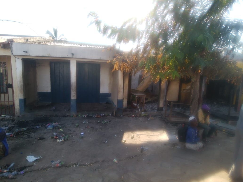 Burned out and pillaged shops on the Macomia main street after the attack by an armed group on 28 May 2020.  Thousands fled the northern town, hiding in the bush for nearly two days.  The Health Center where MSF worked was burned, further jeopardizing the populations’ access to medical care in Cabo Del Gado Province. Photographer: MSF