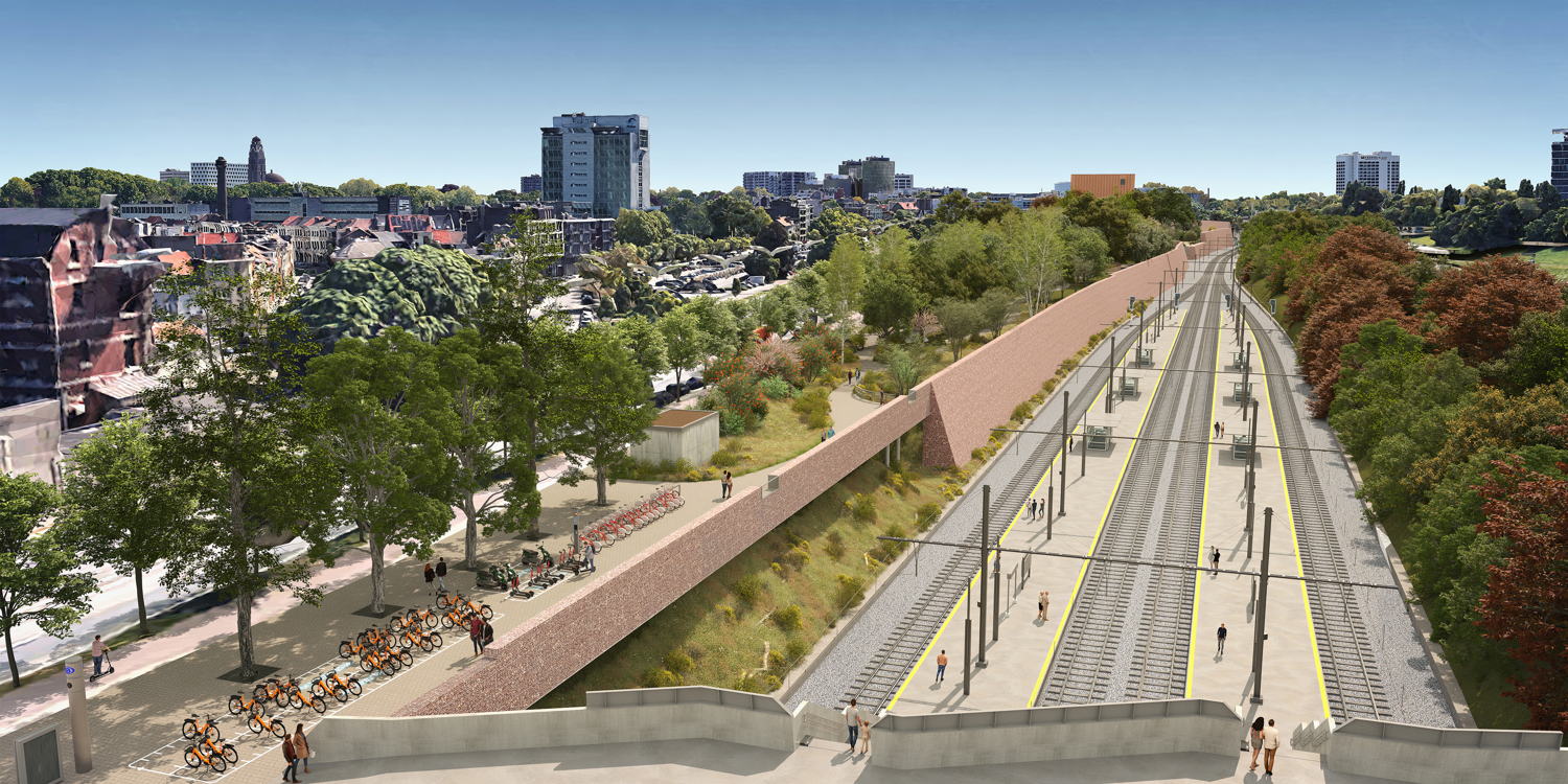 Toekomstbeeld Pomppark Zuid- zone voor deelmobiliteit aan station Zuid ©Sweco-Latz-Greisch-SWP