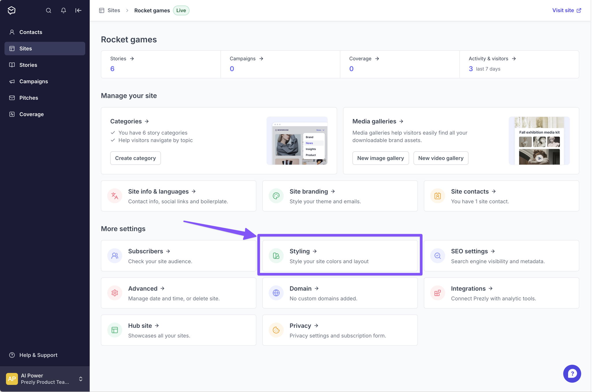 [browser] Access site styling from the site dashboard.