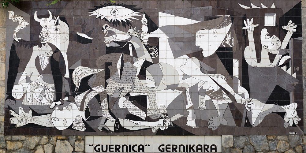 Guernica, Spain - October 10, 2015: A tiled wall in Gernika reminds of the bombing during the Spanish Civil War.