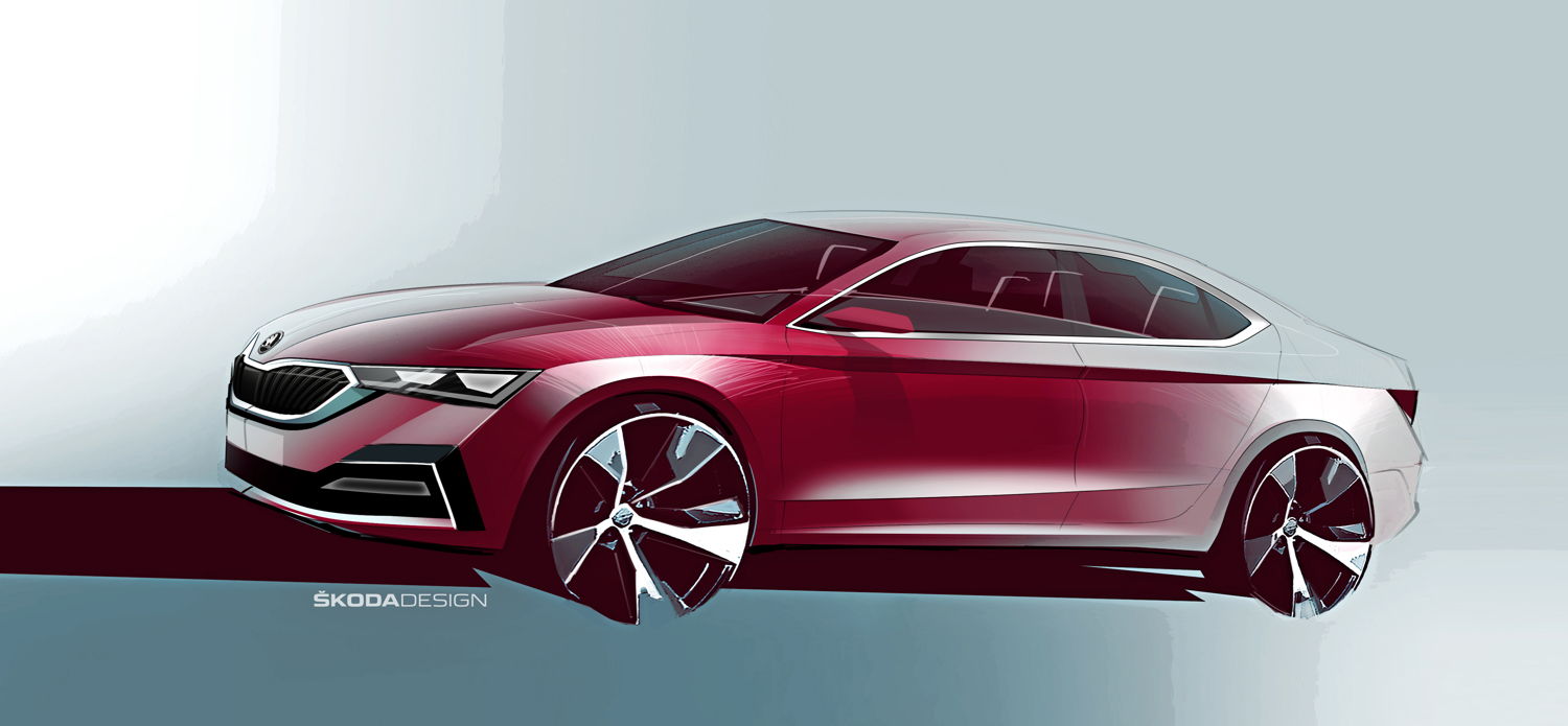 The design sketch of the new ŠKODA OCTAVIA shows an elongated, elegant liftback that looks almost like a coupé and features a distinctive new front section.