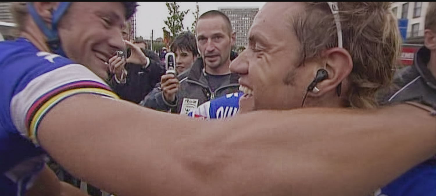 Tom Boonen en Wouter Weylandt na eerste profzege Wouter