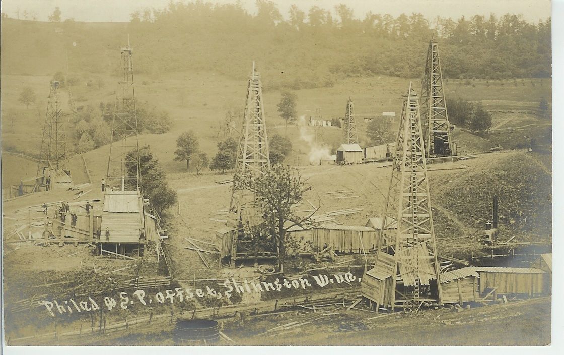 Conventional wells in Shinnston, WV in the early 20th century. It took many vertical wells to access an oil and gas field. Today a single horizontal well can access much greater subsurface area from a single point.
