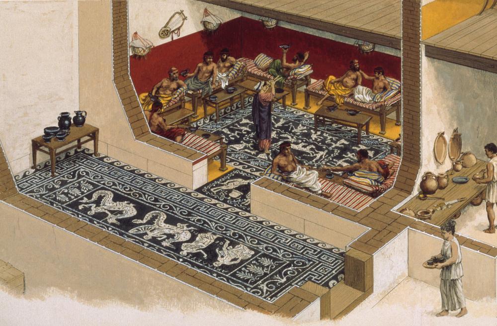 Olynthus (Chalkidike, Greece), ancient settlement of Olynth (city founded in the 5th century BC, destroyed in 348 BC; excavations from 1928).  - Reconstruction of a residential building (4th century BC), so-called Villa of Happiness: Andron (dining room).  AKG4101712 © akg-images