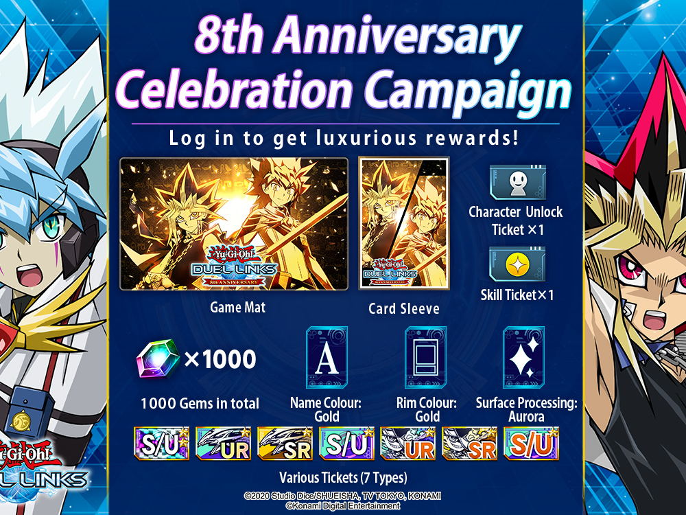 YU-GI-OH! DUEL LINKS FEIERT SEINEN 8. GEBURTSTAG MIT KOSTENLOSEN EDELSTEINEN, IKONISCHEN KARTEN UND MEHR 