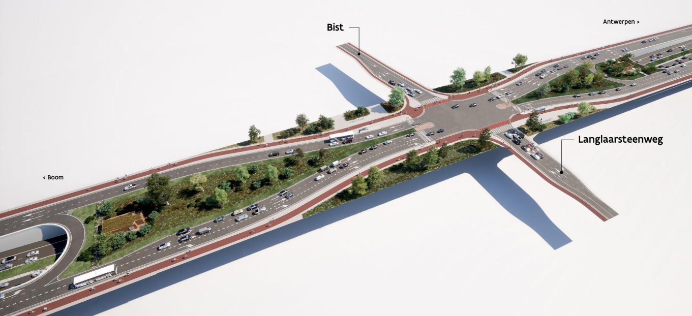 Toekomstbeeld kruispunt A12-Bist-Langlaarsteenweg in Aartselaar. (Impressies Wegen en Verkeer)